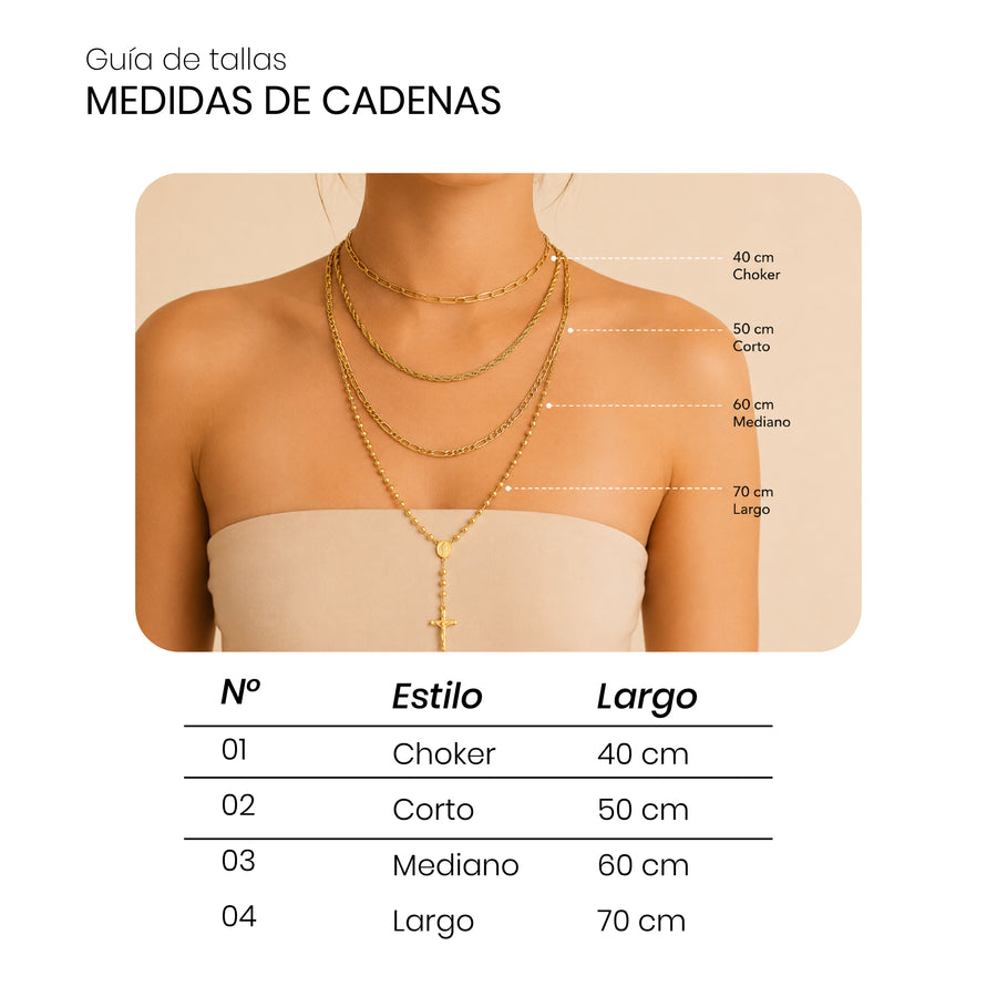 Modelo con cadenas de 40, 50, 60 y 70 cm para comparar largos